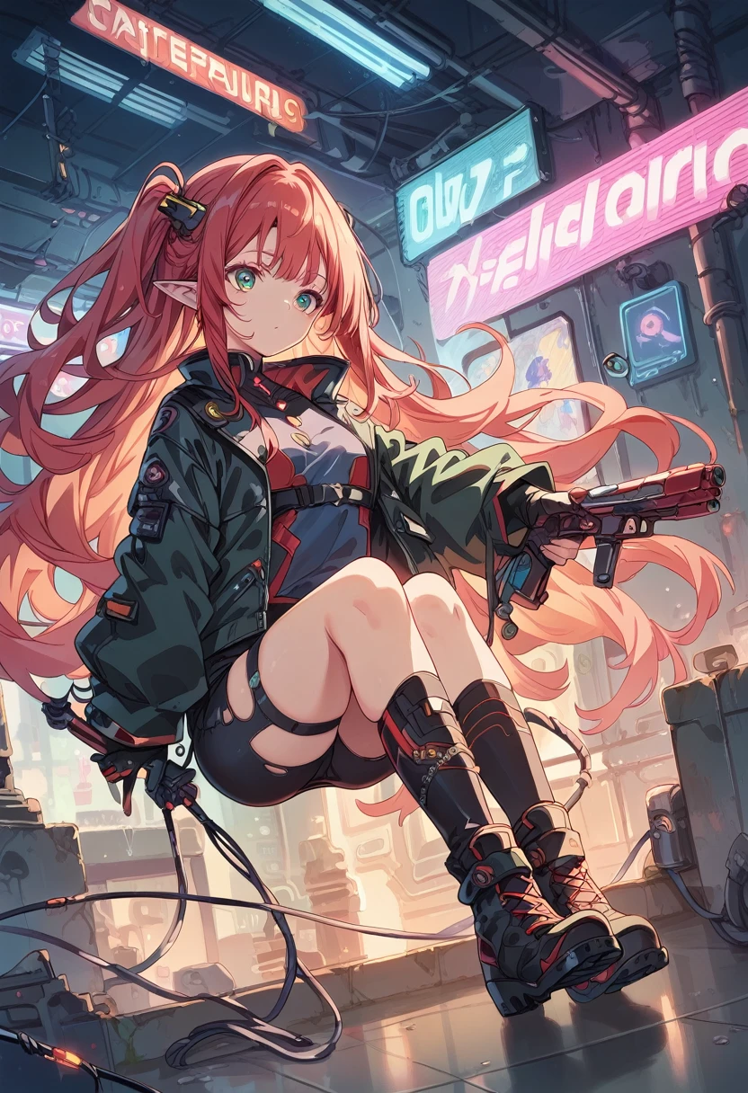 Cute Girl, elf, full body, Wizard, pointed ears, masterpiece,(bestquality),highlydetailed,ultra-detailed,
1 girl,(black and red tones),(mechanical),(cool),(biodesign),( biomechanics),long hair,(wires and tubes),(futuristic outfit),(leather jacket),(combat boots),(in a cyberpunk city with neon lights),(holding a gun)