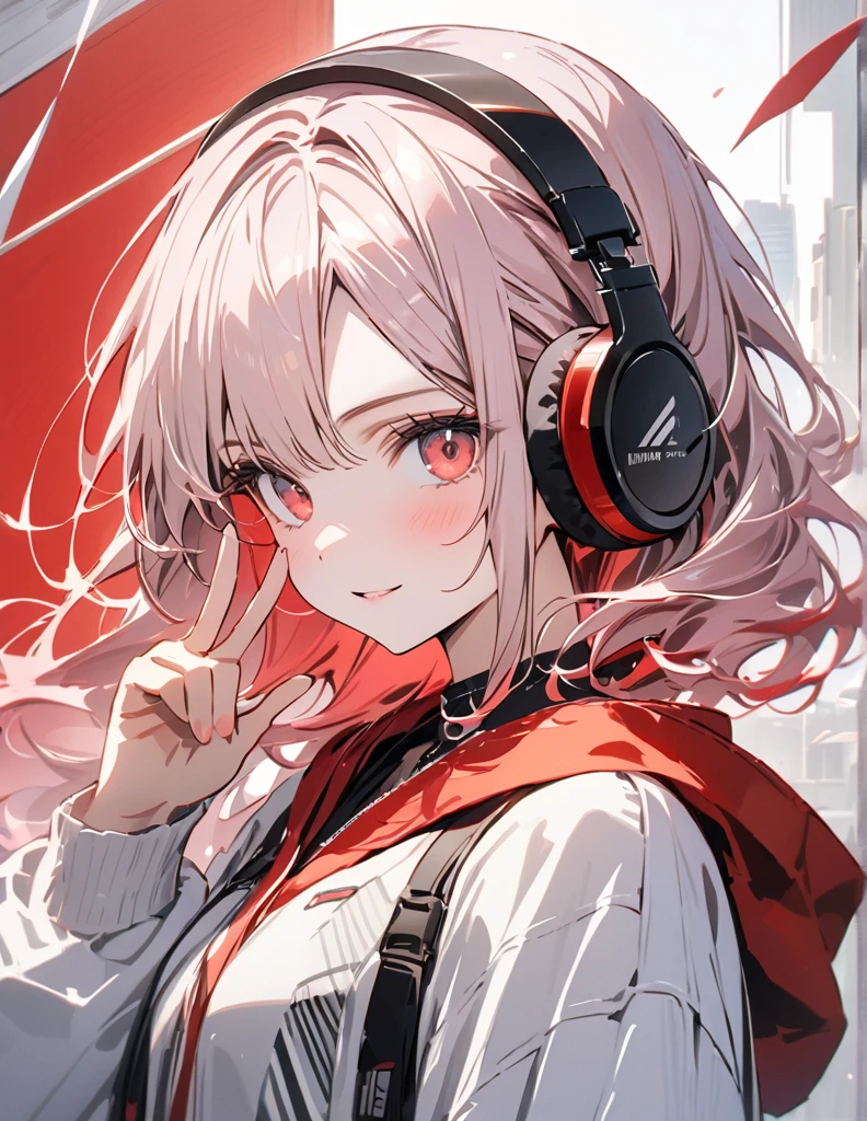 アニメ、デジタルアート、フラットデザイン、頭から足を写す、uhd, (masterpiece:1.2), best quality, highres, award winning, high details、Listening to music with headphones and looking here computer、her hand peace sign 、Her hair is color pink&red bowing in the wind and she has a calm expression.
