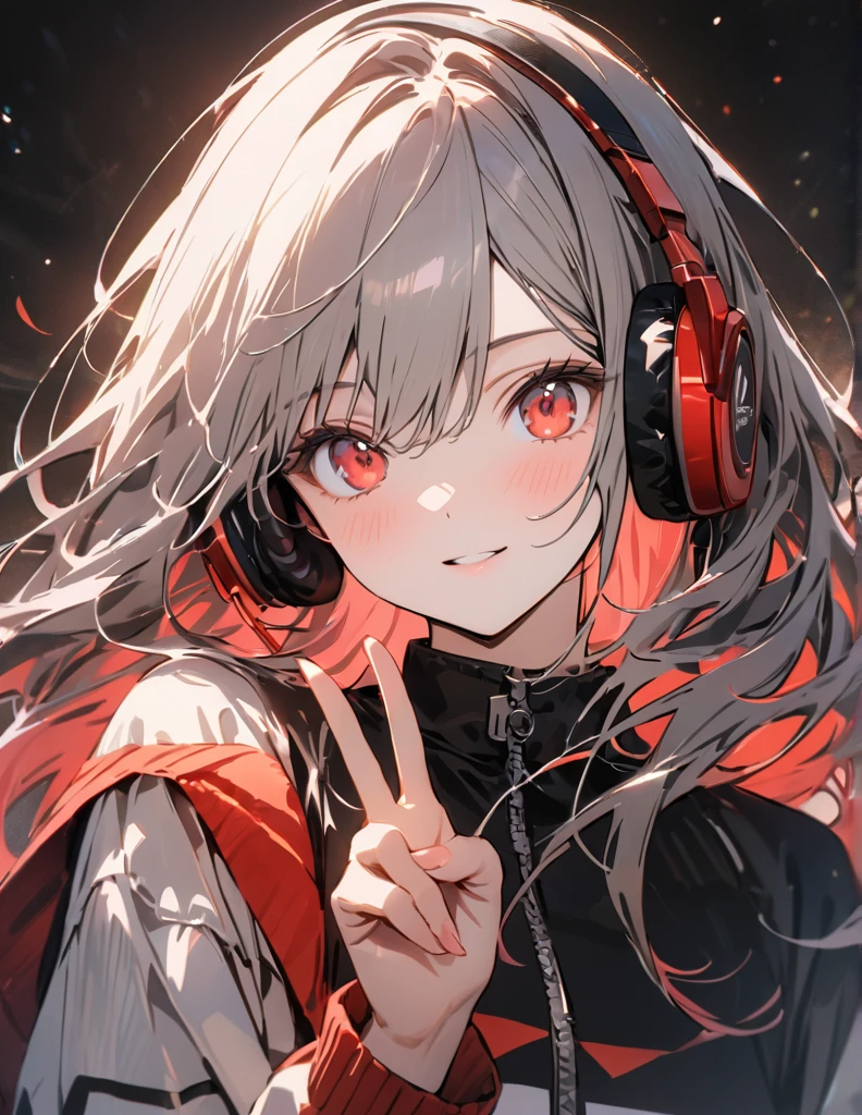 アニメ、デジタルアート、フラットデザイン、頭から足を写す、uhd, (masterpiece:1.2), best quality, highres, award winning, high details、Listening to music with headphones and looking here computer、her hand peace sign 、Her hair is color pink&red bowing in the wind and she has a calm expression.