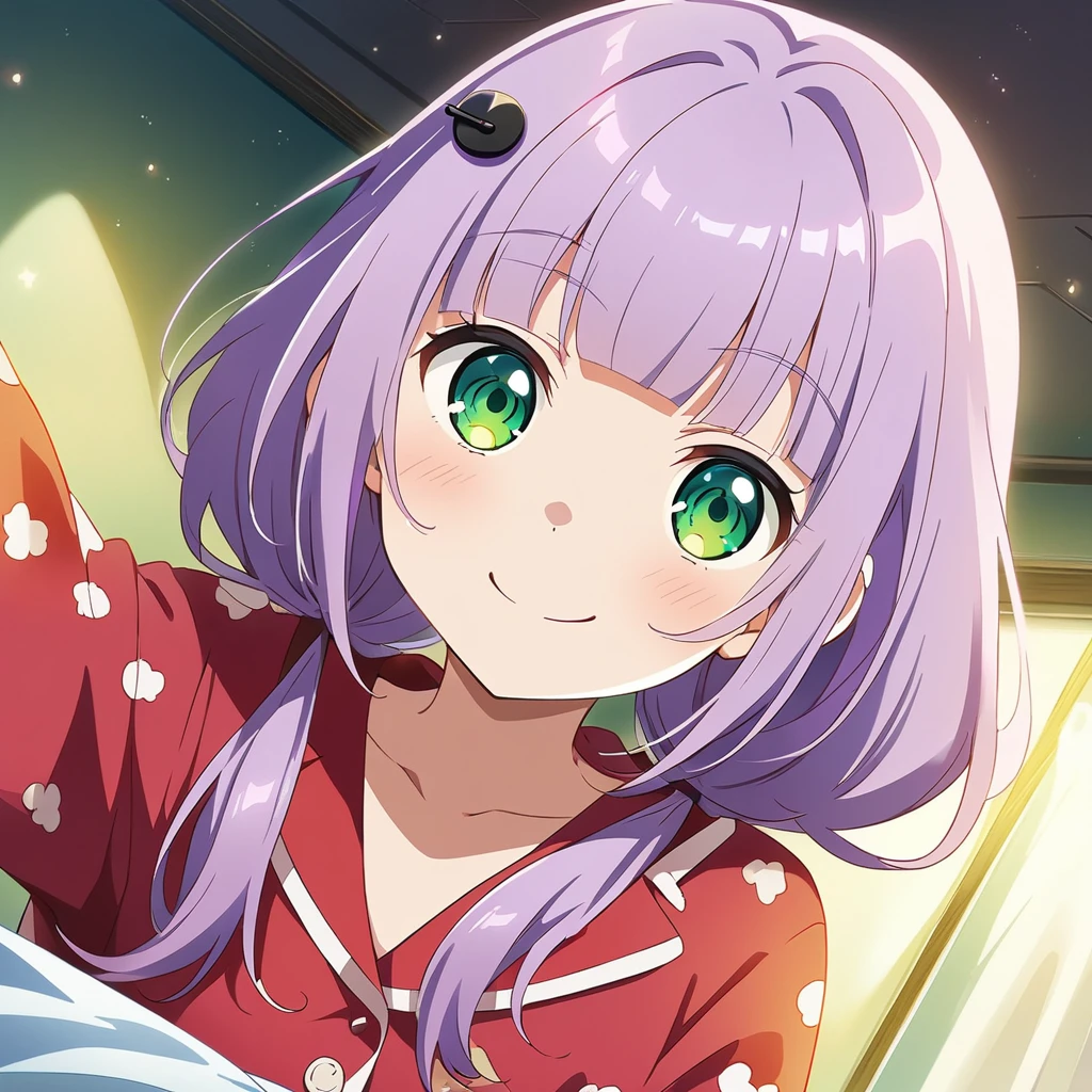 A girl, (a girl with closs hair pin, looking at viewer. Light purple hair, low twintail hair, blunt bangs,smiling face, green eyes. pajamas:1.4), anime visual, (tilt head:1.3),Cute, Kawaii, Masterpiece, Detailed Drawing, Illustration, Official Art,night lit,bedroom,