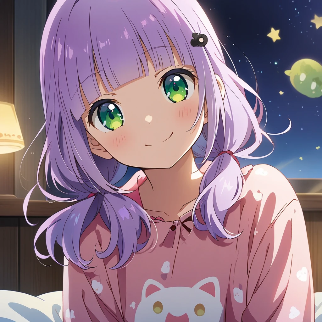 A girl, (a girl with closs hair pin, looking at viewer. Light purple hair, low twintail hair, blunt bangs,smiling face, green eyes. pajamas:1.4), anime visual, (tilt head:1.3),Cute, Kawaii, Masterpiece, Detailed Drawing, Illustration, Official Art,night lit,bedroom,
