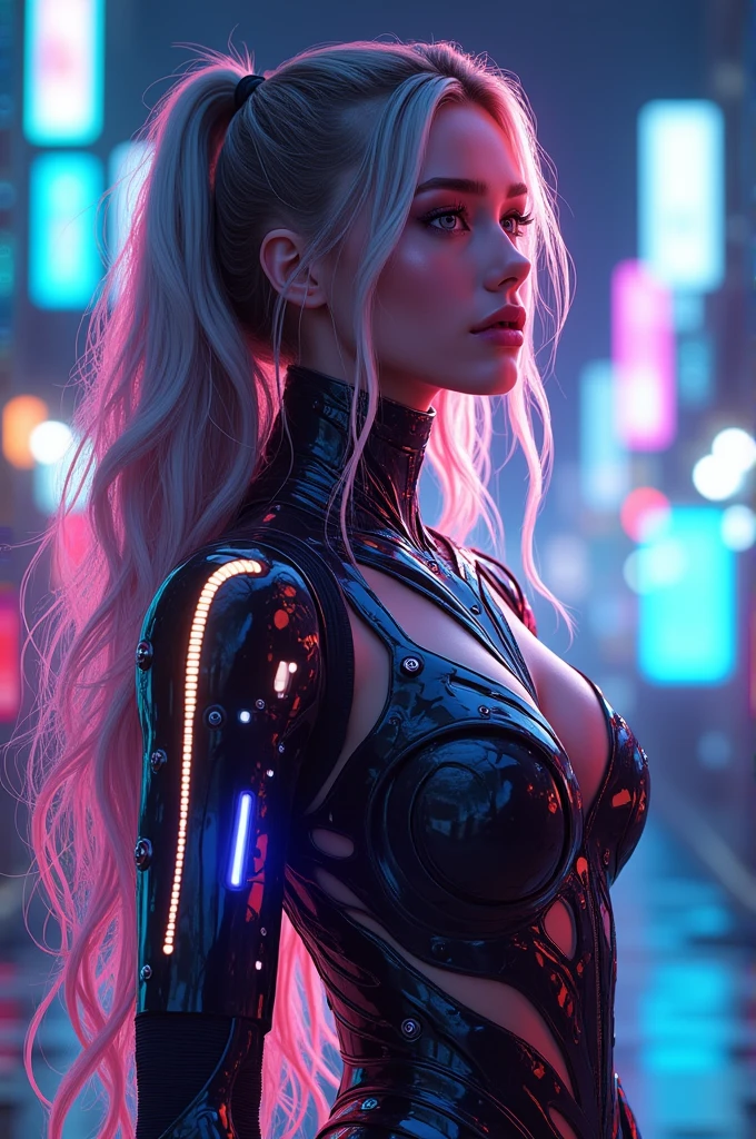 a girl, long hair, Half a picture, 城市, future, Science fiction, black stockings, shorts, night scene, midnight, blueglow, neon, night, closeup of face, Beautiful features, big breasts beautiful的女孩, big breasts beautiful, charming,Robbery girls,red lips,actual,cosmetic,