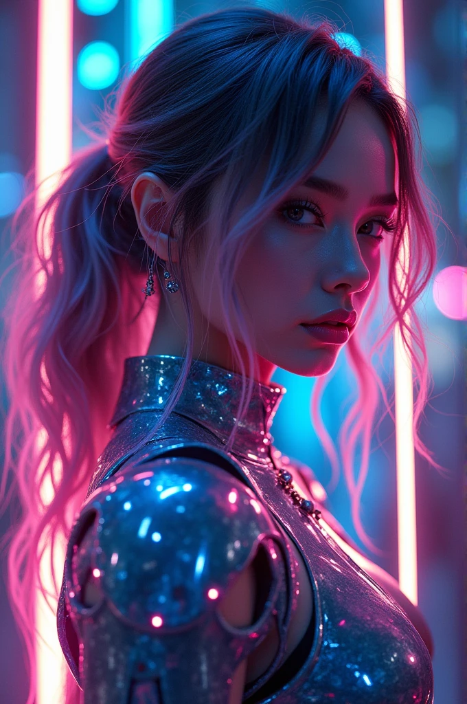 high quality, 8K Ultra HD, full body, have a cyber saber, a mesmerizing 20-year-old woman with a futuristic beauty that seems to transcend time and space, intricately woven into her very being, encased in the cybernetic suit, move with fluidity and precision, Her flowing hair resembles streams of neon lights, casting a vibrant glow that adds a touch of cyberpunk brilliance to her appearance, Each strand of hair is meticulously crafted with holographic patterns that shimmer and shift, creating an ever-changing display of colors, by yukisakura, highly detailed, 