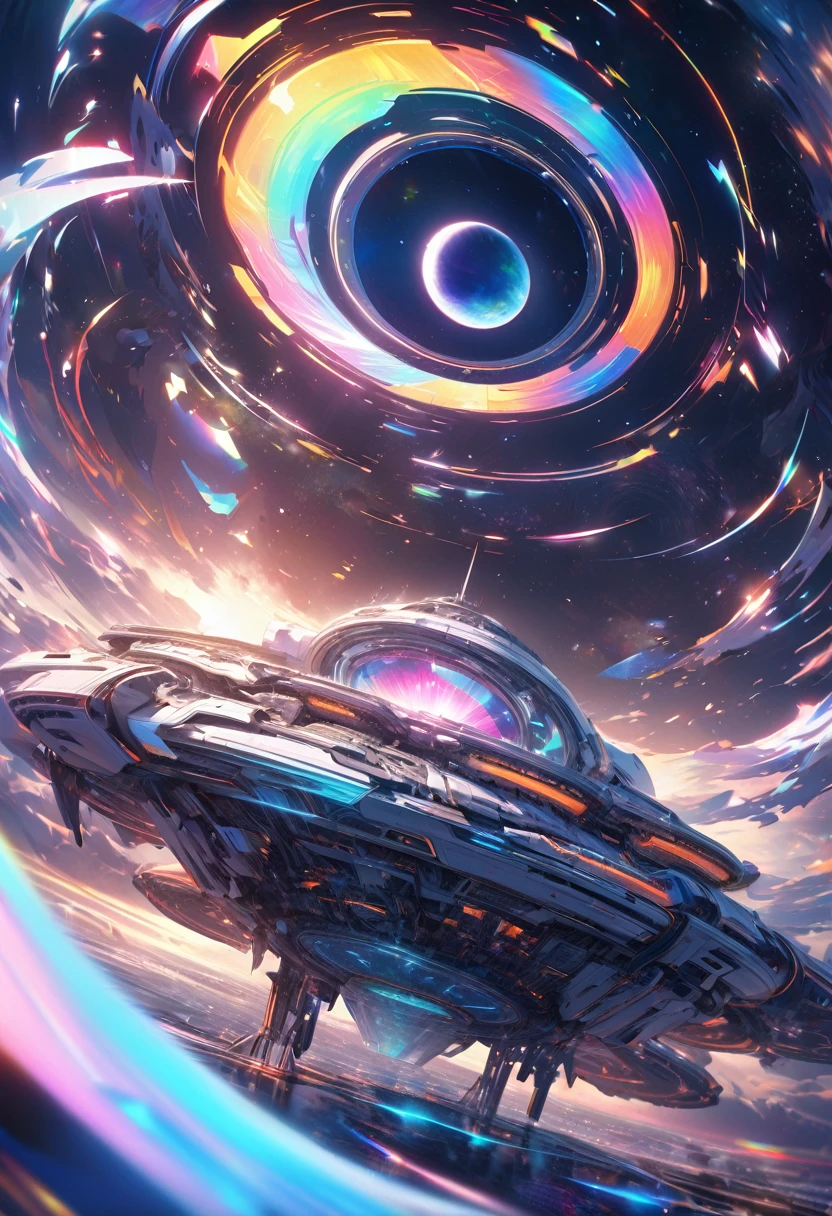 conceptual installation fantasy art, huge iridescent spaceship, holograms, neon line art, prisms, background vertically stacked kaleidoscopes, galaxy, black-hole, shading effects, gradation magic effects, (ultra detailed, absolutely resolution, best quality:1.3), 2.5D, delicate and dynamic, artistic photography, hyper realistic, graphic CG digital art