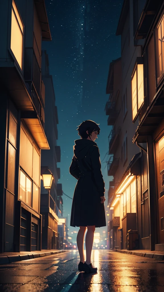 a close up of a person standing on a street at night, makoto shinkai cyril rolando, style of makoto shinkai, ( ( makoto shinkai ) ), in style of makoto shinkai, lofi artstyle, lofi art, amazing wallpaper, anime style. 8k, makoto shinkai!, great digital art with details