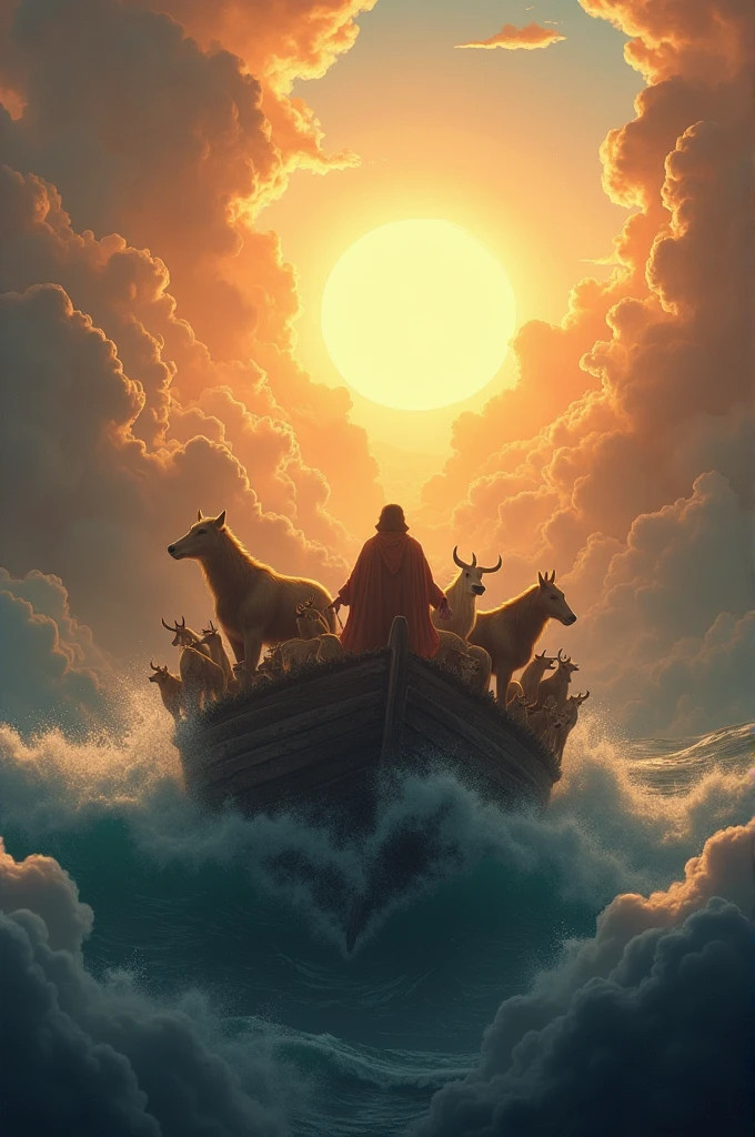 World destruction scene,A Noah,"SeaArt" On it,Driving to the sky with a group of animals,The dawn breaks through the clouds,Grand scene,Majestic