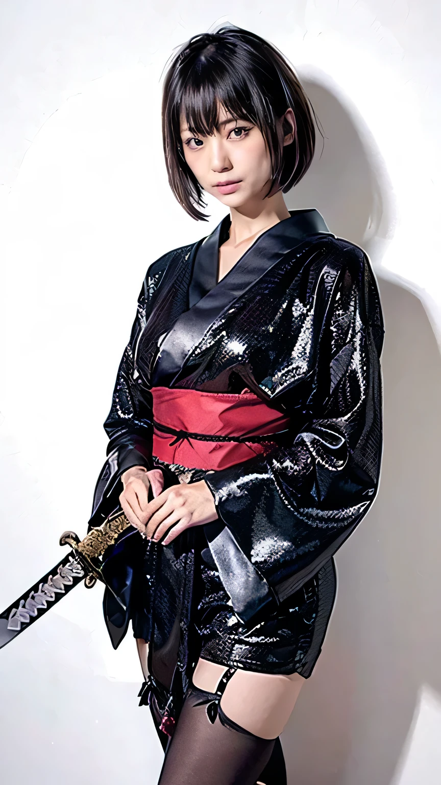 (was:1.3、(Female ninja standing in the forest:1.5、With background)、(Female ninja with a sword:1.5))、(Realistic、Like a photograph、Live Action、8k, Realistic, RAW Photos, Best image quality: 1.4), Single-lens reflex camera、RAW Photos, Highest quality, Realistic, Highly detailed CG Unity 8k wallpaper, Written boundary depth, Cinematic Light, Lens flare, Ray Tracing, Realistic background、(kunoichi:1.4、kimono)、Grey Hair、short hair、Standing in the village、((Ultra-Dense Skin))、 1 girl,Cute Kunoichi、(whole body:1.5)、I like that style、Pay attention to the details、Perfect outfit、(White Squid Portrait、Accurate Arm、Accurate feet、Beautiful legs、Precise thighs、Anatomically correct body、View from the front
