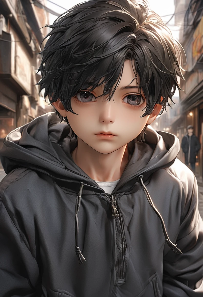 A , boy, handsome, black hair, short hair, mullet, black eyes, upturned eyes, expressionless, black jacket, anime, first-person view, masterpiece, anatomically correct, high details, highres, best quality, super detailWear a cool hoodie.