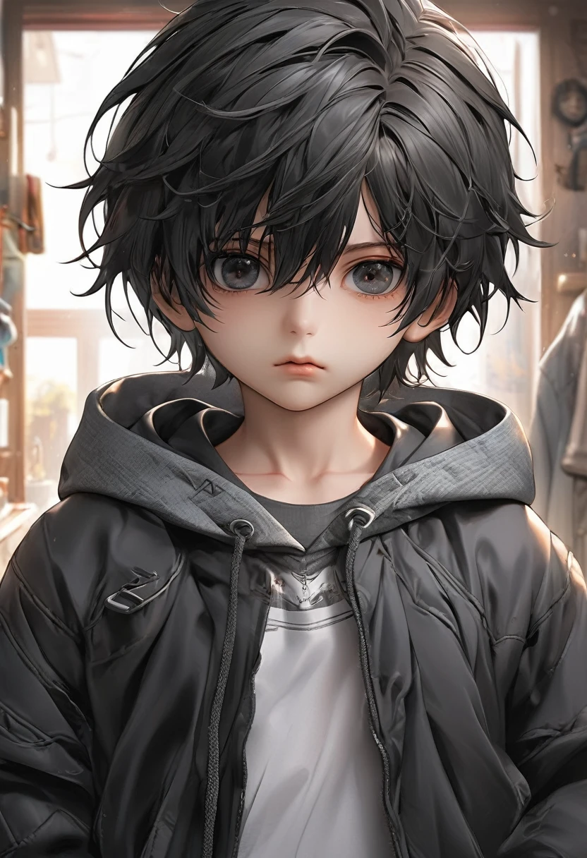 A ???, boy, handsome, black hair, short hair, mullet, black eyes, upturned eyes, expressionless, black jacket, anime, first-person view, masterpiece, anatomically correct, high details, highres, best quality, super detailWear a cool hoodie.