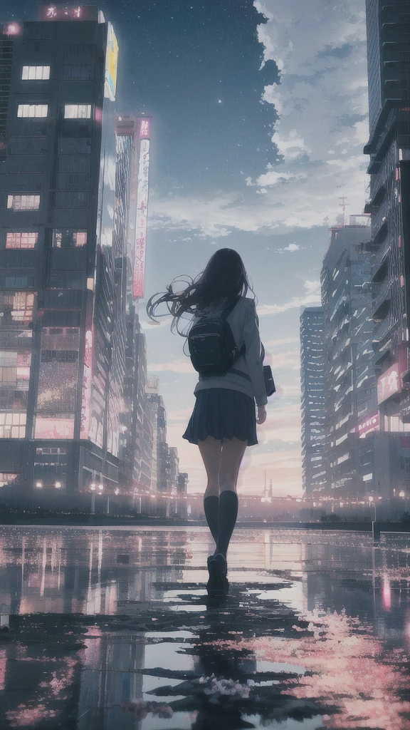 真っ暗なnight空,Octane, star (null), scenery, White flower,school uniform.,star, night, A girl and a boy, Rear view, Outdoor, city,river,building, cloud, 天のriver,silhouette