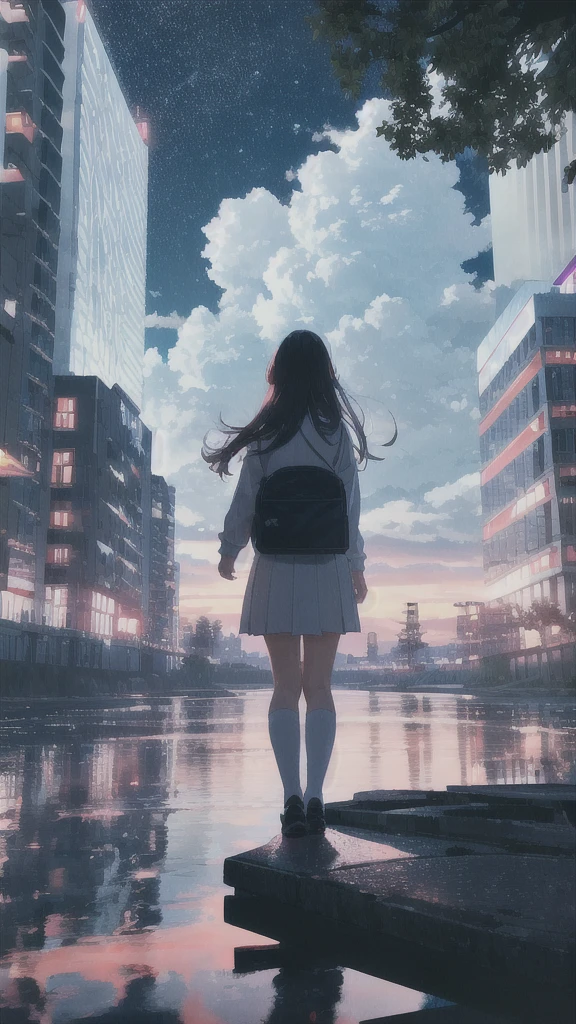 真っ暗なnight空,Octane, star (null), scenery, White flower,school uniform.,star, night, A girl and a boy, Rear view, Outdoor, city,river,building, cloud, 天のriver,silhouette