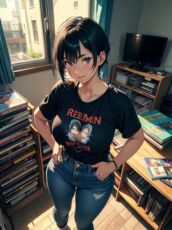 Best Quality, 1 girl, ((looking at the viewer)), dark blue hair, black eyes, very short hair, spiky hair, He drowned, T-shirt, high waist jeans, 171cm, messy hair, hair between the eyes, medium breasts, big breasts, chubby, Dark skin, tomboy, adult, 20 years, 1 girl, Alone, Sole, smile, Wide hips, thighs, standing, messy room, bedroom, bookshelves, dvd, books, video games, computer, cd, Vinyl records, vhs tapes,