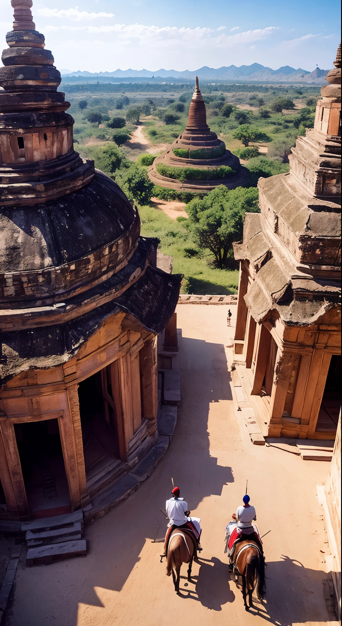 Draw a photo of ancient bagan, Hight quality, people are walking around by riding white elephant(detail), The king wandered around the palace(detail),the swordman troops, Cavalry troops,