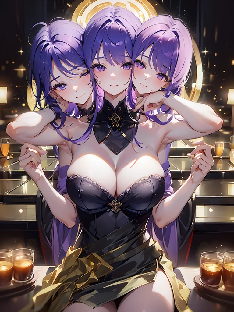 (Masterpiece, best quality), best resolution, (3 heads:1.5), 1 girl, purple hair, wink, conjunctivitis, เClose one eye, Close one eye, be happy, charming, smile, underwear, sexy pose, Comfortable pose, Natural posture, hotel bedroom,DSLR Photos, (8ก, 4K, Masterpiece),(Masterpiece, best quality), best resolution, (3 heads:1.5),Arms separated,arm circle, (Put your hands on your head...), (lower hand on ankle), (lower hand on leg), Full content in the frame, full body view, (four arms),(Multi-arm),(many hands), รูปร่างเพรียวบาง Masterpiece,best quality,best resolution,1 woman,many heads, upper body, รอยsmile, Facing the audience,big breasts,simple background,Beautiful face,Beautiful hair,beautiful eyes,beautiful body,Beautiful hands,conjoined twins
