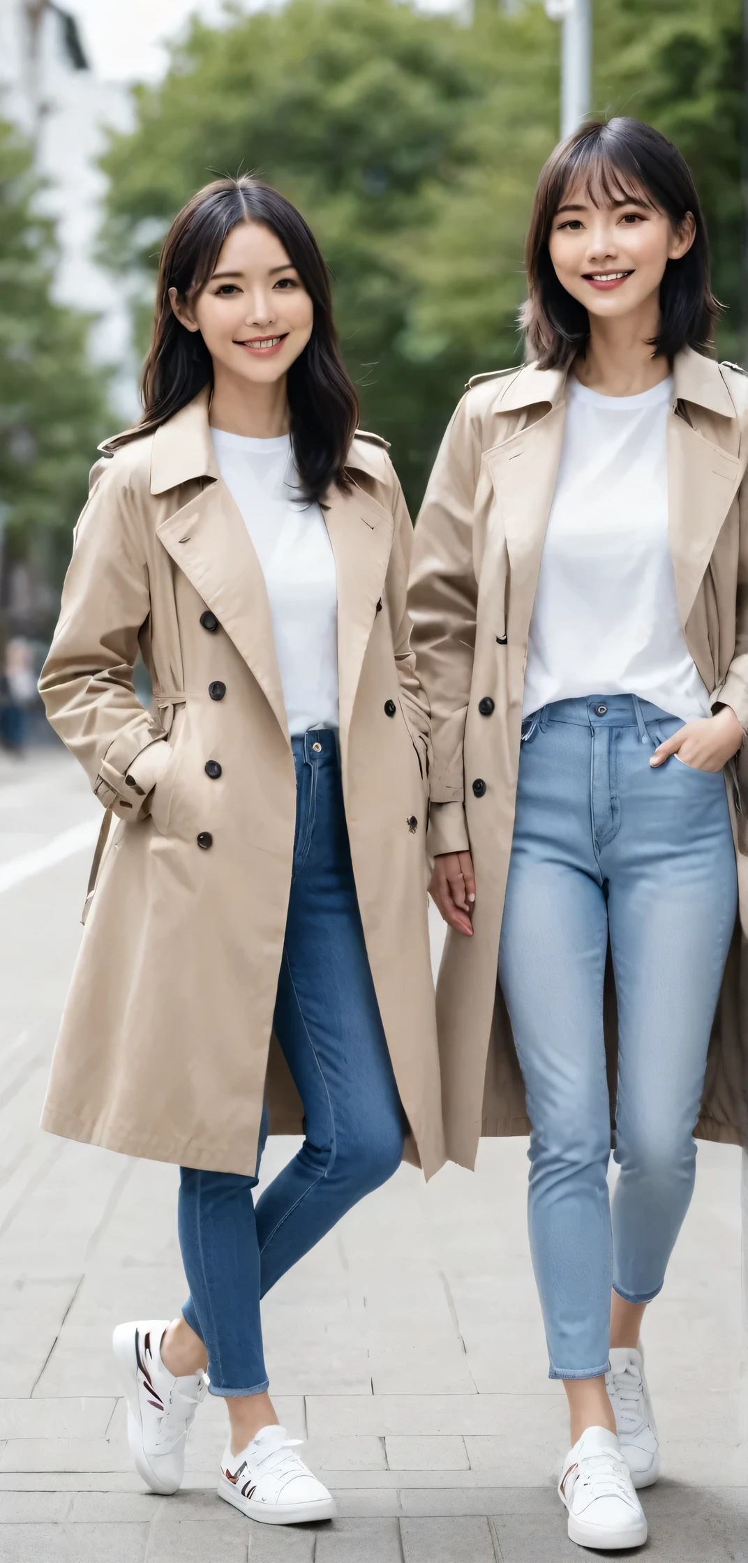 two women standing、charm, Sports competitions, Well-proportioned body, smile、Black Hair,、 trench coat、Skinny jeans、sneakers、 白いsneakersを履いている, Looking into the camera,
