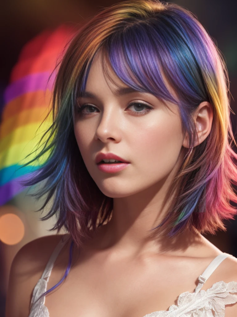 (Highly detailed CG synthesis 8k wallpaper, masterpiece, Highest quality, Super Detailed, Best Shadow), (Rainbow Hair: 1.4), (Detailed Background) (8k, masterpiece, Highest quality, Super Detail: 1.2),
1 girl, Brown Hair, short hair, Highly detailed face, Beautiful and detailed, Beautiful and delicate lips, Cinema Lighting, Cinema Lighting, Ray Tracing, shape, Messy Hair, Victoria&#39;Secret White Lingerie,