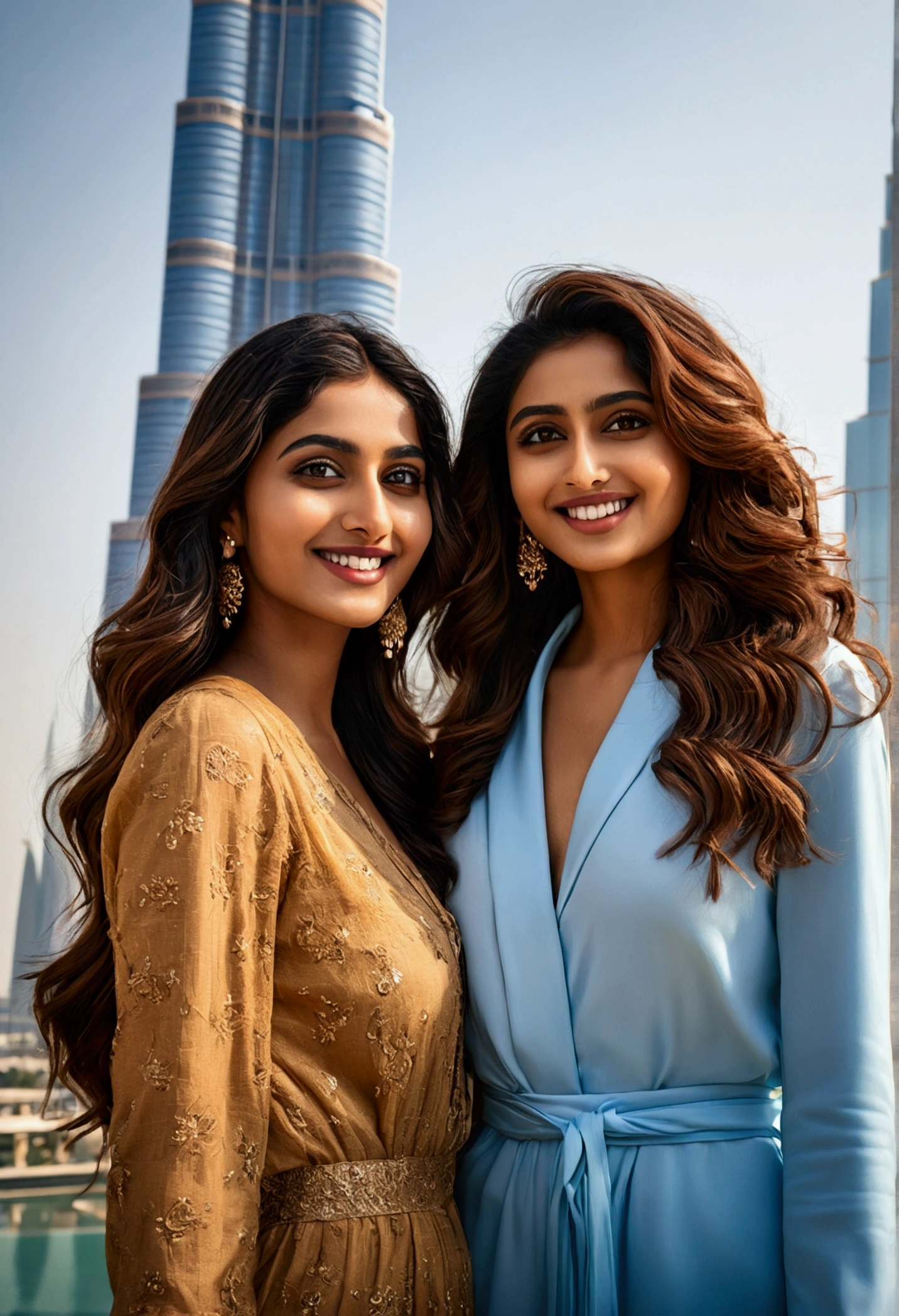 (best quality, ultra detailed, realistic: 1.37) A vibrant 25-year-old Indian influencer model with styled light brown long wavy wet hair and deep brown eyes exudes charm outside burj khalifa wearing beautiful summer attire. The scene is captured in a beautifully composed photograph at outside burj khalifa, joined by a female friend showcasing the model's warm smile and engaging presence. The image captures a moment of happy friends in a high-quality, visually stunning way.