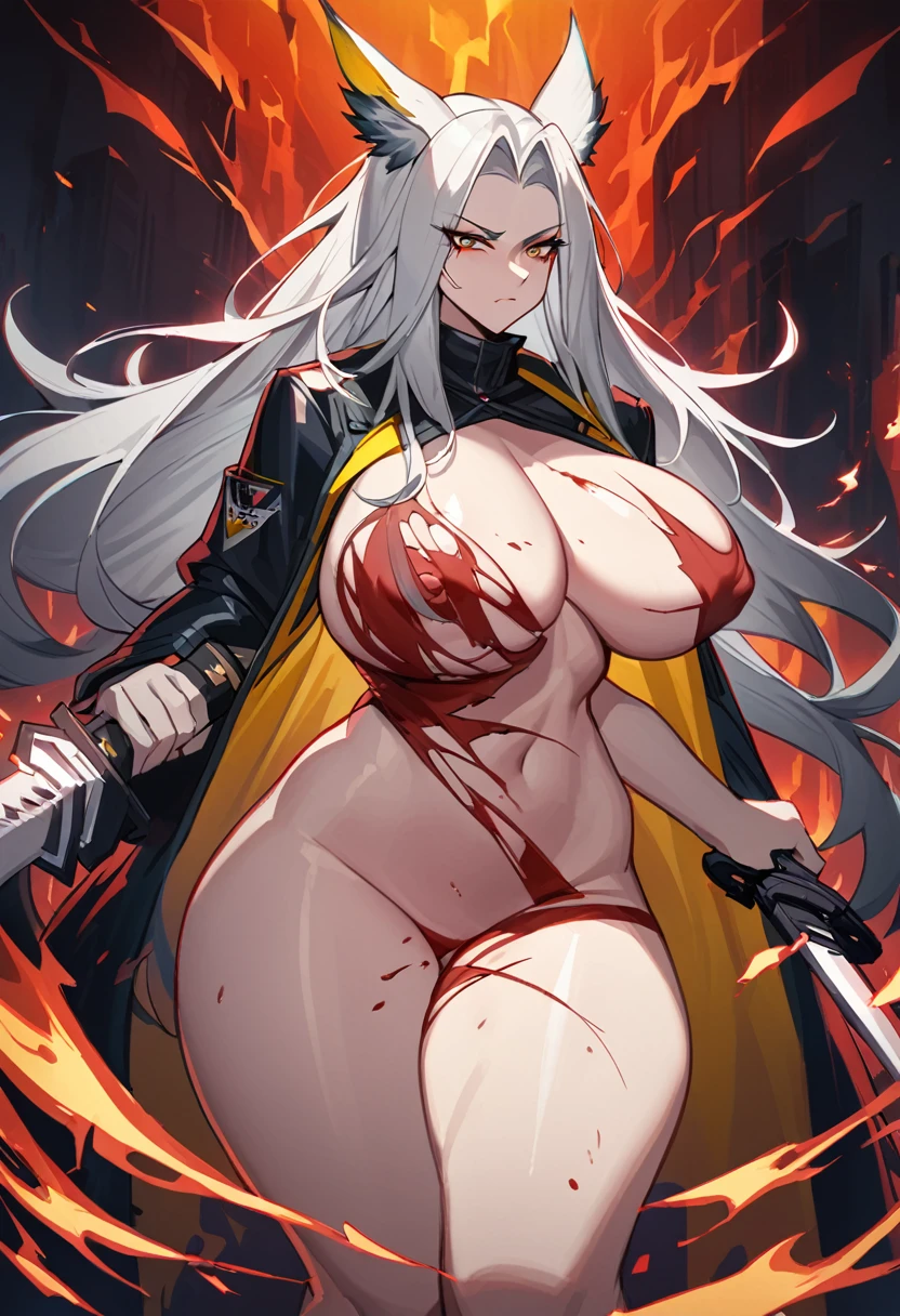 Hellagur(Arknights),grey hair,feather ears,curvy body,wearing original clothes(torn off),wielding big katana, big breast,big thighs, covered in blood,bruised,injuredgore,flame background,midnight setting,very nsfw, uncensored.