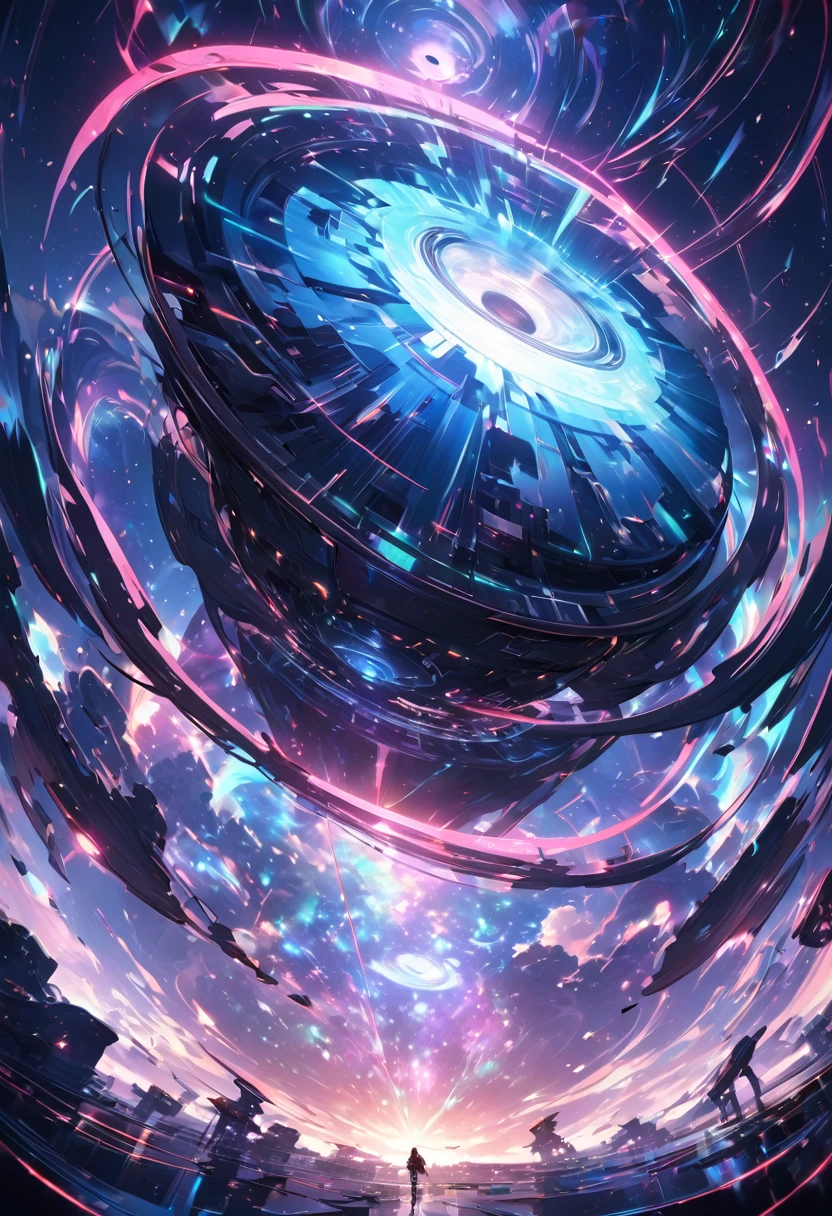 conceptual installation fantasy art, huge iridescent spaceship, holograms, neon line art, prisms, background vertically stacked kaleidoscopes, galaxy, black-hole, shading effects, gradation magic effects, (ultra detailed, absolutely resolution, best quality:1.3), 2.5D, delicate and dynamic, artistic photography, hyper realistic, graphic CG digital art