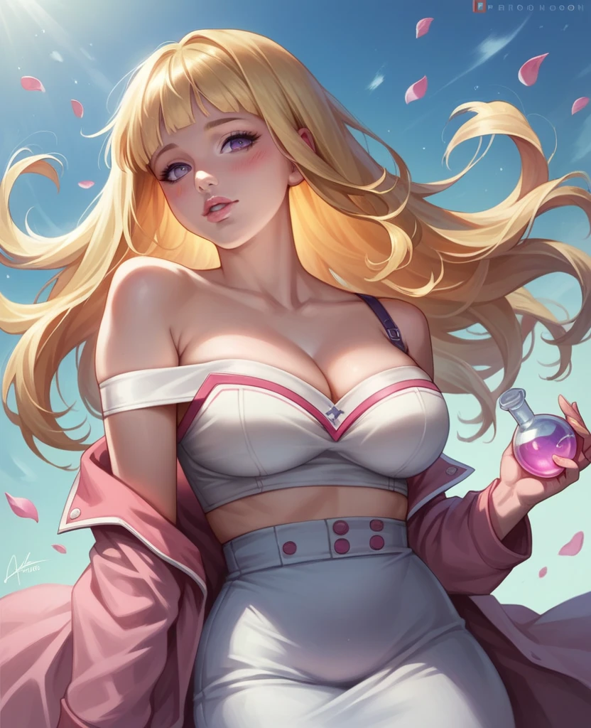 A couple masterpiece, absurdres, hinata\(boruto\), 1girl, solo,mature female, off-shoulder strap bra, high waist short skirt, looking at viewer, (falling petals), perfect composition, detailed lips, big breast, beautiful face, body propotion, blush, (pink lips), long hair,  purple eyes,  soft gaze,  super realistic, detailed, photoshoot, realistic face and body, with one boy, yellow hair, like cat face, 