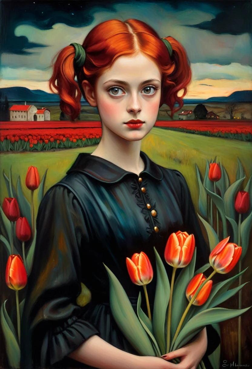 [[(front full portrait: (young Hera Hilmar with buquet Tulips) (solo) with big eyes and a red short hair two pigtails , apple)((Edvard-Munch style!!!))])):20]/[background: landscape
 dark Renaissance, old canva, (noir night), ((russian landscape style Esao-Andrews:1,6))]/[two-color lighting, ((oil painting palette knife))((masterpiece)),((highest detail))]]