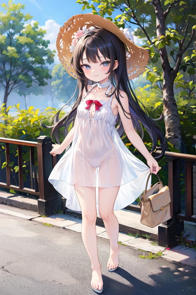 (masterpiece), Highest quality, One Girl, , pretty girl, Flat Chest, Black Hair, Very long hair, She is looking towards the viewer, She is wearing a bright red leather collar.,
She is wearing a white mini dress, Pure white clothes, Clothes without collars, The dress is sleeveless, exposing her bare shoulders and collarbones., The material of her clothes is very thin, The dress is see-through, The naked body is clearly visible, Her nipples are pressed against the fabric of her dress, Erect nipples, Nipples are visible,
Not wearing a skirt, She's not wearing a bra, She's not wearing panties, The hem of the dress is very short, The lower half is naked, She is exposing her waist, her belly button is visible, her pussy is visible, She purposely shows off her pussy, I can see the crotch lines, she has no pubic hair,
She stands with her legs spread, Open your knees, Wearing a straw hat, She is barefoot and wearing sandals,
Very shy, blush,
She is walking around the city, Blue sky behind, Standing in a crowd, Handbag pouch,