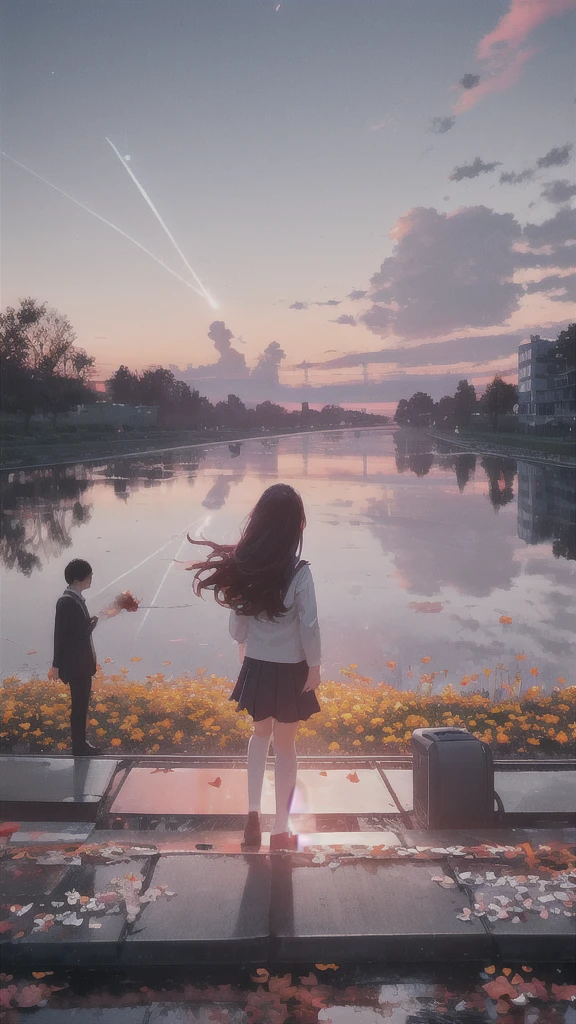 Fiery sunset sky,Octane, star (null), scenery, White flowers falling from the sky,school uniform.,star, night, A girl and a boy, Rear view, Outdoor, city,river,building, cloud, 天のriver,silhouette