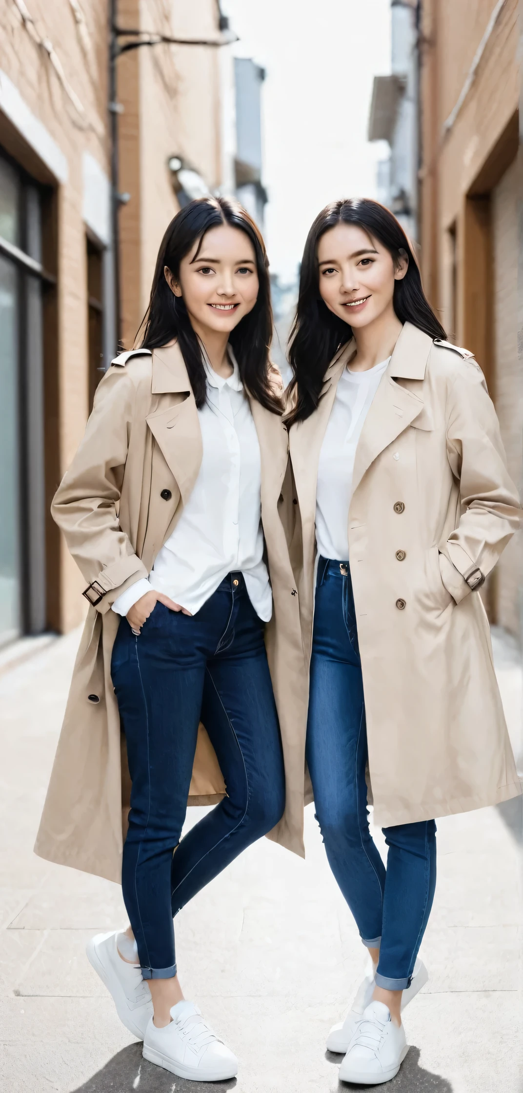 Two women standing、charm, Sports competitions, Well-proportioned body, smile、Black Hair,、 trench coat、Skinny jeans、sneakers、 白いsneakersを履いている, Looking into the camera,