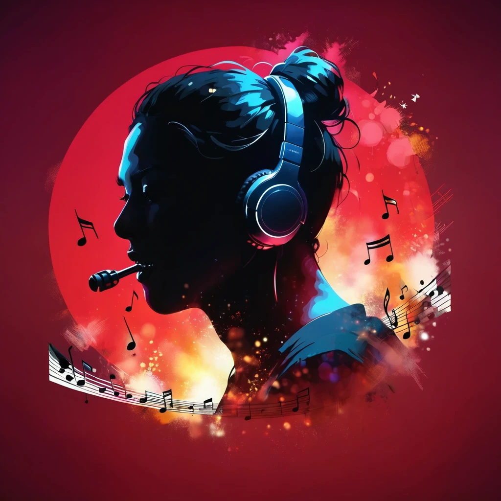 masterpiece、Highest quality、Highest quality、Detailed Description、Delicate depiction、beautiful、art、woman、{{womanのシルエット}}、Silhouette in profile、ヘッドホンをしているwomanシルエット、口を開けて歌うwomanシルエット、Bun Head、Scenes where music comes out of the mouth、Scattered notes、Cyber Taste、Cyber City background、4K Graphics