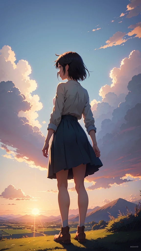 a girl looking at the sky with a blue sky in the background, anime beautiful peace scene, anime countryside landscape, anime. by makoto shinkai, chillhop, sakimichan and makoto shinkai, anime landscape, anime landscape wallpaper, anime scenery, mokoto shinkai, ( ( makoto shinkai ) ), peaceful ambience