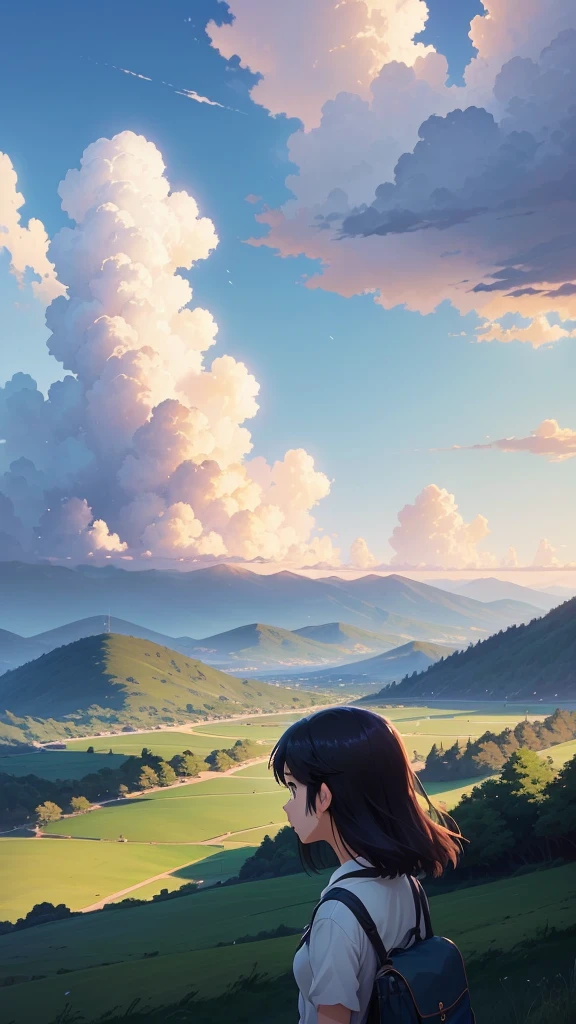 a girl looking at the sky with a blue sky in the background, anime beautiful peace scene, anime countryside landscape, anime. by makoto shinkai, chillhop, sakimichan and makoto shinkai, anime landscape, anime landscape wallpaper, anime scenery, mokoto shinkai, ( ( makoto shinkai ) ), peaceful ambience