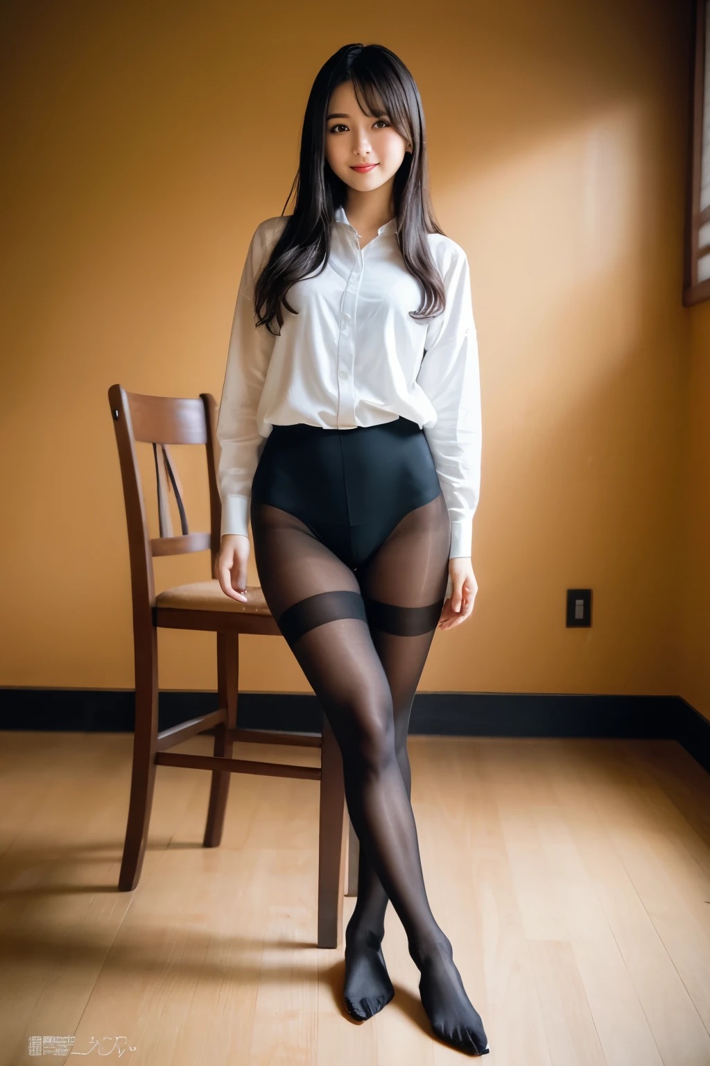 ulzzang-6500-v1.1, (RAW Photos:1.2), (Realistic Photo), Beautiful girl with great attention to detail, (Realistic:1.4), Beautiful eye and face with High Detail, Beautiful eye with High Detail, Japanese , , (Ultra Realistic Pantyhose:1.3), No shoes, Sit on a chair, (Ultra Realistic pantyhose:1. 2), No shoes, Toes, Sit on a chair, Huge file sizes, High resolution, very detailed, Highest quality, [masterpiece:1. 6], shape, very detailed, Hmph, detailed, Highest quality, 8k wallpaper, Cinema Lighting, One Girl, , Perfect shape, タレeyeかわいい, 大きく美しいeye, eye , (( masterpiece)), Highest quality, 1 girl, eye shadow, ((Full Body Shot:1.4)), Grin、