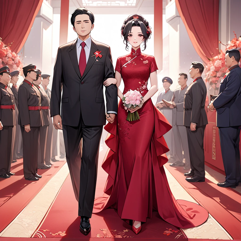 ((Highest quality)), ((masterpiece)), (detailed), (Perfect Face)、The woman is a Chinese woman named Kocho Shinobu.。, Purple gradient bob black hair and formal evening hairstyles. She is wearing an engagement ring. She is a prominent member of the Chinese Communist Party.、She is the wife of a great old Communist Party official.、The woman is beautifully dressed in a gorgeous and glamorous red wedding dress typical of the Chinese Communist Party.、She walked side by side with a dignified elderly Communist Party official down the red carpet aisle in a loving wedding ceremony.。A loving Chinese Communist couple