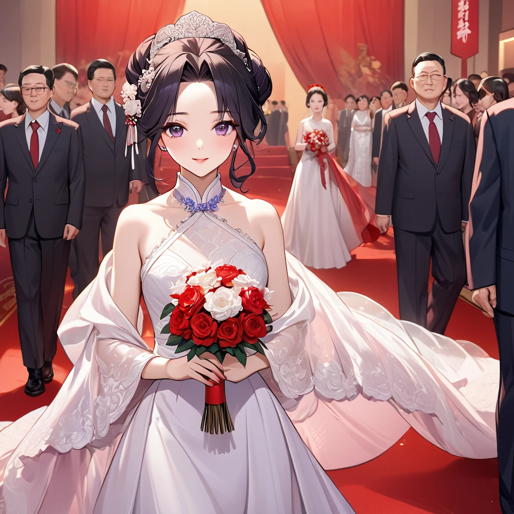 ((Highest quality)), ((masterpiece)), (detailed), (Perfect Face)、The woman is a Chinese woman named Kocho Shinobu.。, Purple gradient bob black hair and formal evening hairstyles. She is wearing an engagement ring. She is a prominent member of the Chinese Communist Party.、She is the wife of a great old Communist Party official.、The woman is beautifully dressed in a gorgeous red wedding dress typical of the Chinese Communist Party, and she loves her husband dearly and is happy to be his wife.、She was photographed alone at a wedding venue on a red carpet aisle.、The woman is the most gorgeous, most dazzling, most beautiful Chinese woman, and has been perfected as the best bride.