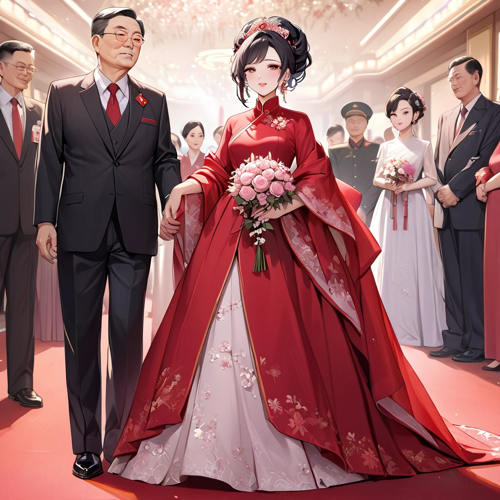 ((Highest quality)), ((masterpiece)), (detailed), (Perfect Face)、The woman is a Chinese woman named Kocho Shinobu.。, Purple gradient bob black hair and formal evening hairstyles. She is wearing an engagement ring. She is a prominent member of the Chinese Communist Party.、She is the wife of a great old Communist Party official.、The woman is beautifully dressed in a gorgeous and glamorous red wedding dress typical of the Chinese Communist Party.、She walked side by side with a dignified elderly Communist Party official down the red carpet aisle in a loving wedding ceremony.。A loving Chinese Communist couple