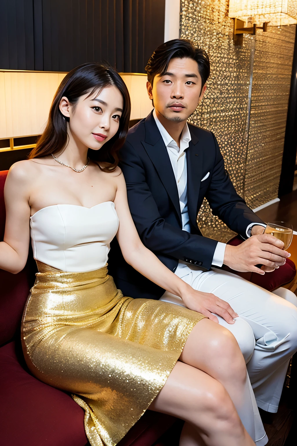 (japanes:1.1)、1womanl、(Middle aged man in suit)、(sexual harassment:1.5)、(Super beautiful)、(beauitful face:1.5)、(A detailed face:1.3)、(Cabaret Club in Shinjuku)、(The hostess sits next to the man:1.1)、(Man touches her chest:1.5)、(Man hugs her waist:1.5)、(with spreading legs:1.4)、(Showing white panties:1.4)、(Extravagant Gold Dresses:1.5)、(troubled look:1.5)、high-heels、(Wearing heavy makeup)、Brown hair、(Tables lined with whiskey)、(At SFW)
