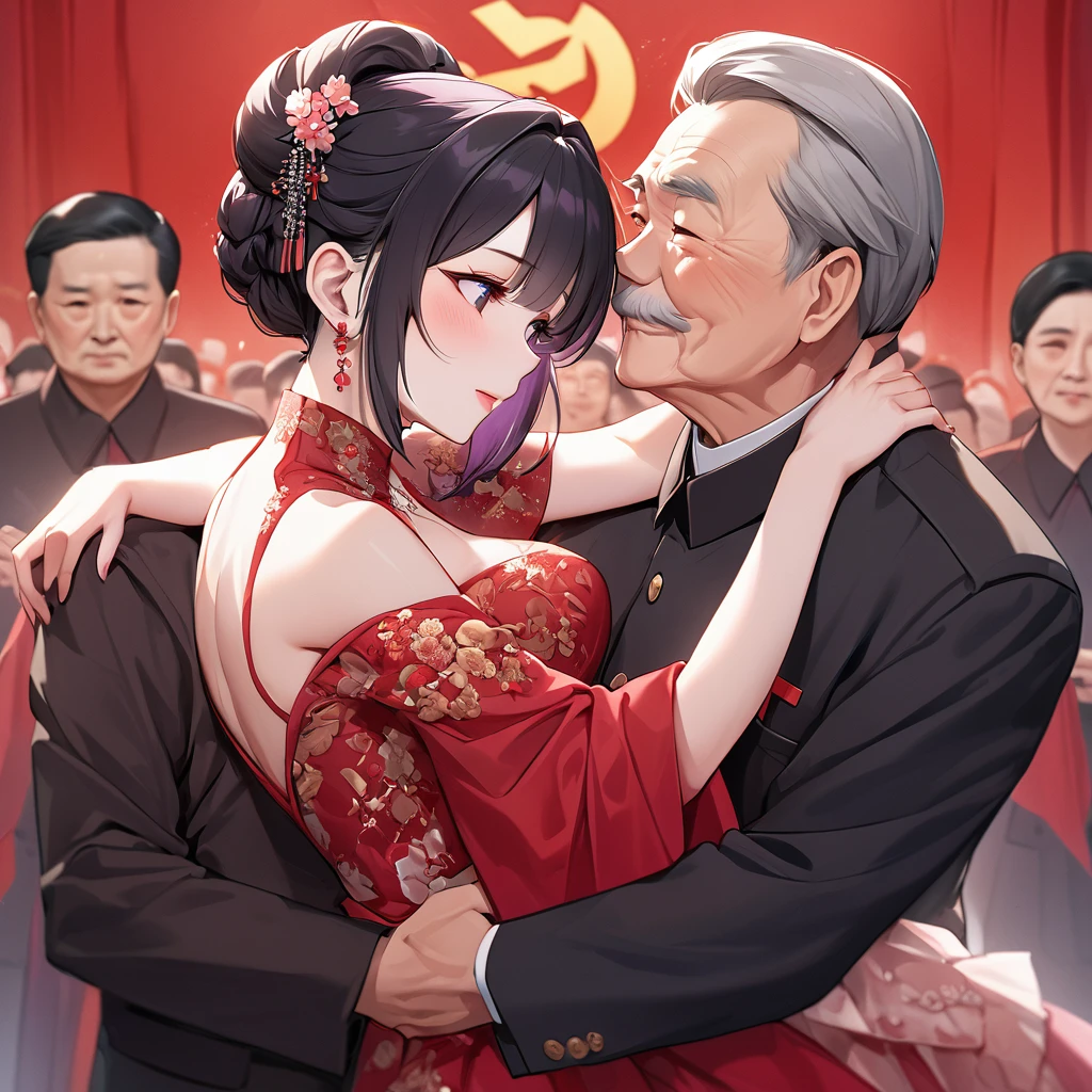 ((Highest quality)), ((masterpiece)), (detailed), (Perfect Face)、The woman is a Chinese woman named Kocho Shinobu.。, Purple gradient bob black hair and formal evening hairstyles. She is wearing an engagement ring. She is a prominent member of the Chinese Communist Party.、She is the wife of a great old Communist Party official.、The woman is beautifully dressed in a gorgeous and glamorous red wedding dress typical of the Chinese Communist Party.、She is seen in a passionate wedding ceremony with a dignified elderly Communist Party official, embracing him passionately and kissing him in a deep vow.。A loving Chinese Communist couple
