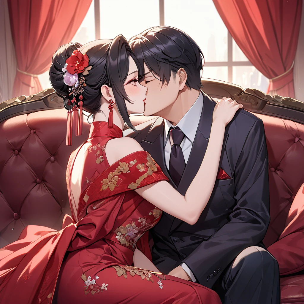 ((Highest quality)), ((masterpiece)), (detailed), (Perfect Face)、The woman is a Chinese woman named Kocho Shinobu.。, Purple gradient bob black hair and formal evening hairstyles. She is wearing an engagement ring. She is a prominent member of the Chinese Communist Party.、She is the wife of a great old Communist Party official.、The woman is beautifully dressed in a gorgeous and glamorous red wedding dress typical of the Chinese Communist Party.、A loving couple passionately embracing and deeply kissing a dignified elderly Communist Party official on a plush sofa in a luxurious room。A loving Chinese Communist couple