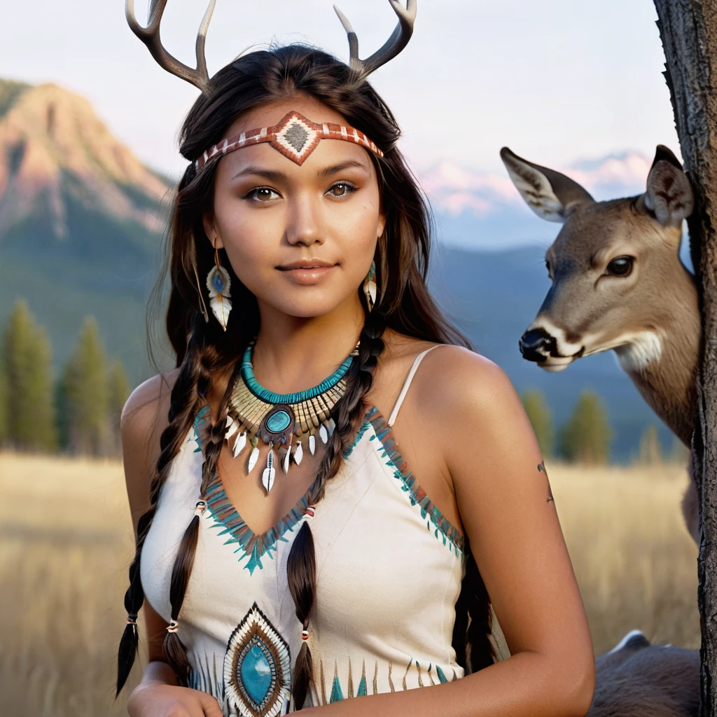 (grainy:0.5), cinematic, beautiful girls 25 year old native american,fantasy,(solo:1.3), detailed eyes, detailed face, detailed native american sexy clothing, volumetric lighting, dusk, extremely detailed background, standing next to tree and mountain, smiling, half closed brown eyes, tilted head, from side, sitting next to her White-tailed Deer