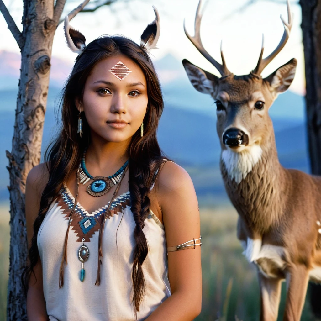 (grainy:0.5), cinematic, beautiful girls 25 year old native american,fantasy,(solo:1.3), detailed eyes, detailed face, detailed native american sexy clothing, volumetric lighting, dusk, extremely detailed background, standing next to tree and mountain, smiling, half closed brown eyes, tilted head, from side, sitting next to her White-tailed Deer