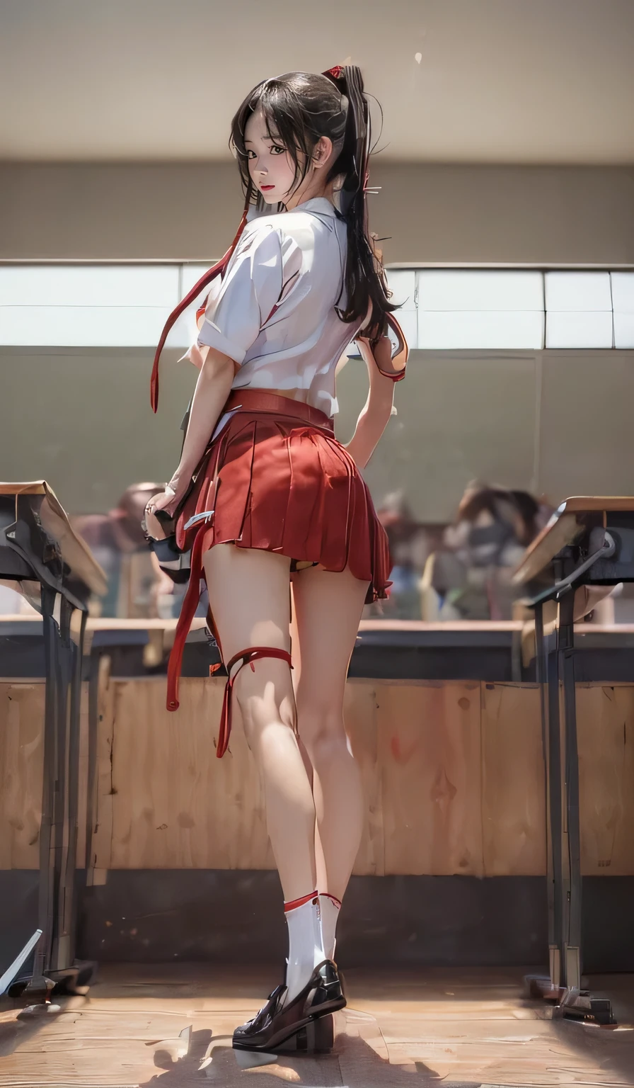 ((masterpiece)),(((最high quality))),(((Girl standing in a school classroom:1.8))),(((Photographed from the back of the classroom, facing the blackboard:1.7))),((((Background of rows of desks:1.8)))),(((((The background is a modern, clean and tidy classroom.:1.9))))),((((Photograph the whole body:1.9)))),((((((Stand up straight with your feet together:1.9)))))),((Thin thighs:1.6)),((Long legs:1.7)),(((Micro mini skirt uniform for high school girls:1.6))),((tall:1.8)),((Wearing Japanese summer school girl uniform:1.8)),((Slim Model body type:1.5)),((Thin legs:1.6)),((Wearing a white short-sleeved school shirt:1.3)),(Age is :1.3),bangs,A small smile,((cute girl)),Slender girl,((Black Loafers:1.3)),((short white socks up to the ankles,:1.3)),(((Wearing a red student tie:1.6))),cute,The thigh area below the groin is slim and firm,cute,(Black hair ponytail),Thin legs,Slim Model body type,Very small waist,Small hips,Long thighs,Thin thighs,Thin hands,Long hands,((((下からPhotograph the whole body:1.7)))),(((((k-popのWONYOUNGにそっくりの女の子:1.9))))),((Stretch your whole body straight:1.8)),(((The face is facing this way:1.7))),((tall:1.4)),(Stand with your legs straight and without bending your knees:1.7),((Stand up straight:1.9)),The ankles are super thin,beauty,Fine skin,Firm Skin,Realistically reproduced skin detail of thin legs,Very detailed, Attention to detail,high quality,Awards,High resolution,(Anatomically correct:1.3),(8k,RAW Photos,最high quality,masterpiece:1.5),(((Girl from belowPhotograph the whole body:1.7))),Height 173cm,((Stand up straight with your feet together:1.8)),((Stand up straight with your feet together:1.7)),(((Keep your back straight:1.8))),((I'looking forward to it:1.2)),9 heads,Model body type,((Inseam is half the height:1.5)),(Thin thighs),((k-popのWONYOUNGにそっくりの女の子:1.5)),RAW Photos,Firm Skin,Fine skin,toned muscular legs,Attention to detail,vivid,Skin Texture,Genuine skin feel,Perfect composition,beautiful,Very detailed,High chroma,Genuine,eyeliner,eye shadow,High nose,Small nostrils,Small Mouth,Seductive lips,beautiful girl,beautiful girl,((The background is a super modern, clean and tidy classroom.:1.9)),((The background is a super modern, clean and tidy classroom.:1.9))