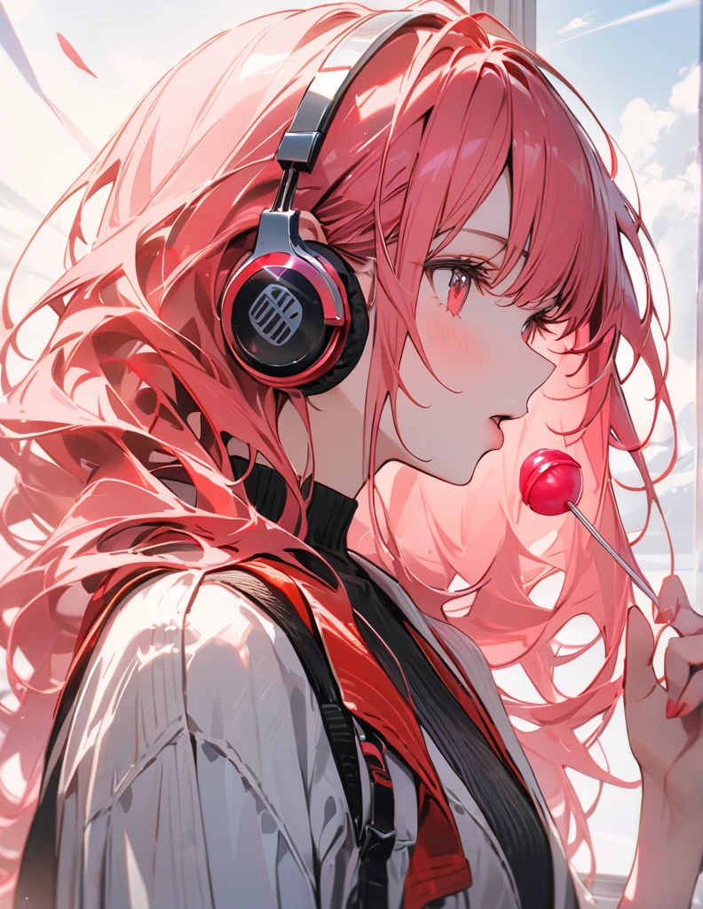 アニメ、デジタルアート、フラットデザイン、whole body、uhd, (masterpiece:1.2), best quality, highres, award winning, high details、Listening to music with headphones and looking here computer、licking a lollipop、Her hair is color pink&red bowing in the wind and she has a calm expression.