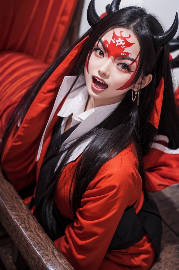 Create a realistic image of the Slit-Mouthed Woman (Kuchisake-onna). She has long black hair and is wearing a white mask, underneath which her terrifying slit mouth is hidden. The background should depict a dimly lit street corner or alley, creating a creepy atmosphere. She is wearing a red coat and holding a large pair of scissors. The overall image should convey a sense of horror.