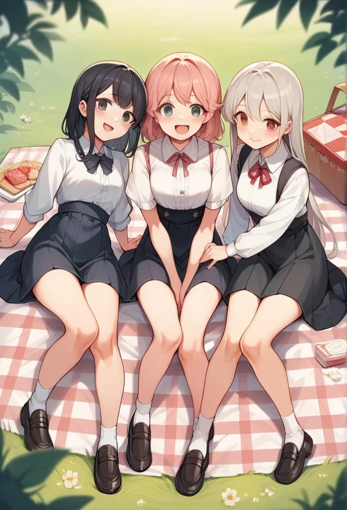 ,Silver hair, cute girl, happy, White blouse, black knee-length skirt, black loafers,folded,picnic,3girls[:1.5],,Long Black Hair,Strawberry Blonde Hair,Rice balls, lunch boxes,hand between legs,sitting,