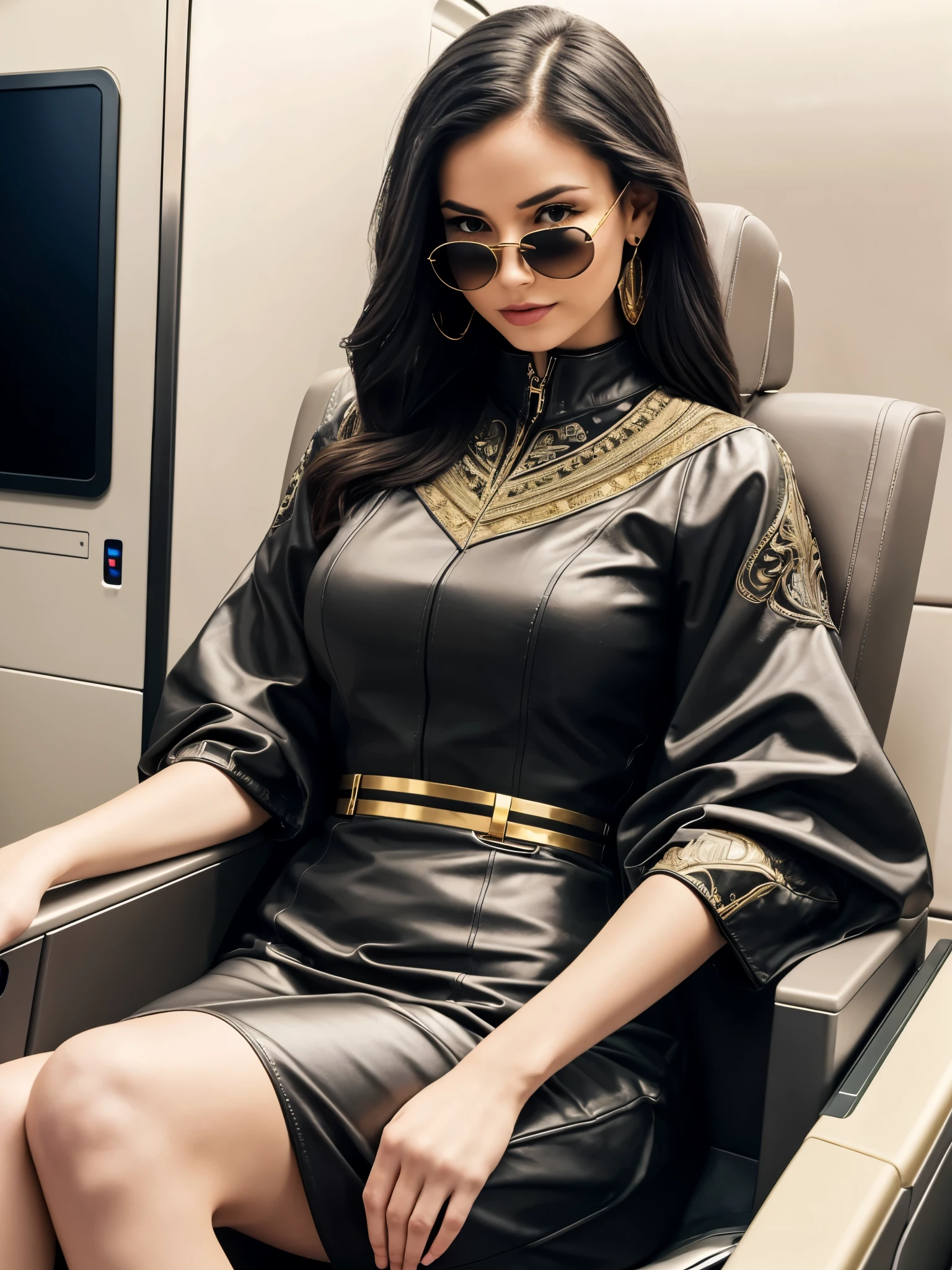 1girl, (best quality, highres, masterpiece:1.3), elite, triad leader, impeccable fashion sense, elegant demeanor, captivating style, exuding confidence, high fashion, gold and black outfit, barocco-print, luxurious aesthetic, effortless sophistication, sunglasses, (intricate detail:1.2), first-class airline cabin, luxurious seating, plush leather seats, private suites, modern design, ambient lighting, elegant decor, high-end materials, sophisticated atmosphere, personal entertainment systems, detailed textures, refined aesthetics, premium amenities, comfort and luxury, high-quality rendering, in-flight service, opulent ambiance,