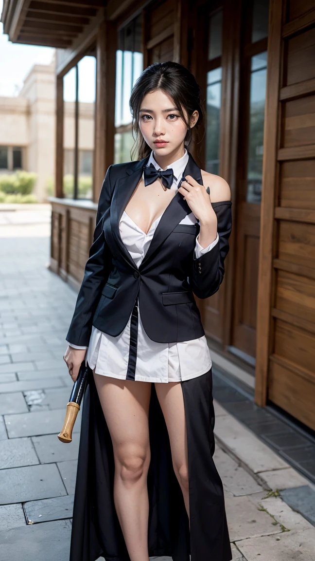 "Create an image of Darius from League of Legends by Riot Games, reimagined as a female, in her Academy skin, wearing her stylish school uniform with a blazer and tie, having massive k-cups:1.55, (no having clothes: 1.77). She's in a grand academy courtyard with students training around her, in an attractive pose with her axe resting on her shoulder."