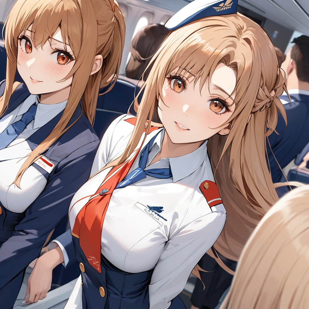((Highest quality)), ((masterpiece)), (detailed), (Perfect Face)、The woman is Yuuki Asuna, a flight attendant for Shandong Airlines, a Chinese woman with light brown, medium-long hair.、The woman is wearing a red Shandong Airlines flight attendant uniform, a uniform scarf and a uniform hat.、A beautiful Chinese flight attendant dressed in the typical Chinese bright red uniform、Flight attendants were photographed gathering in a line.