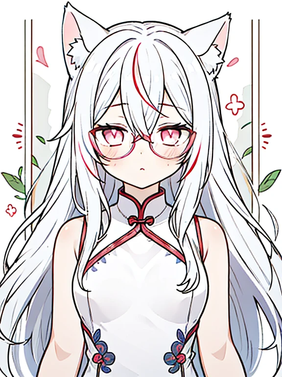 best quality, masterpiece, 1 girl, loli, upper body, hairs between eyes, female, pink eyes, long hair, small breasts, expressionless, Wink , cat ears, white hair, silver hair, streaked hair，   long bangs, cheongsam，Glasses