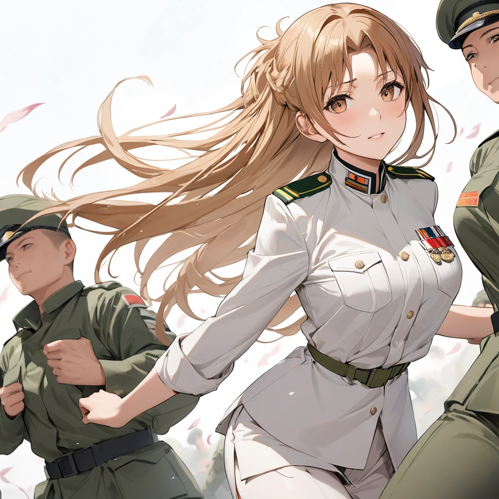 ((Highest quality)), ((masterpiece)), (detailed), （Perfect Face）、The woman is Asuna Yuki, a female member of the Japanese Self-Defense Forces. She has light brown, semi-long hair and is a female member of the Japanese Self-Defense Forces, dressed in the full khaki uniform of the Self-Defense Forces.、The woman is an exemplary member of the Self-Defense Forces and a beautiful female member of the Self-Defense Forces participating in a ceremony.