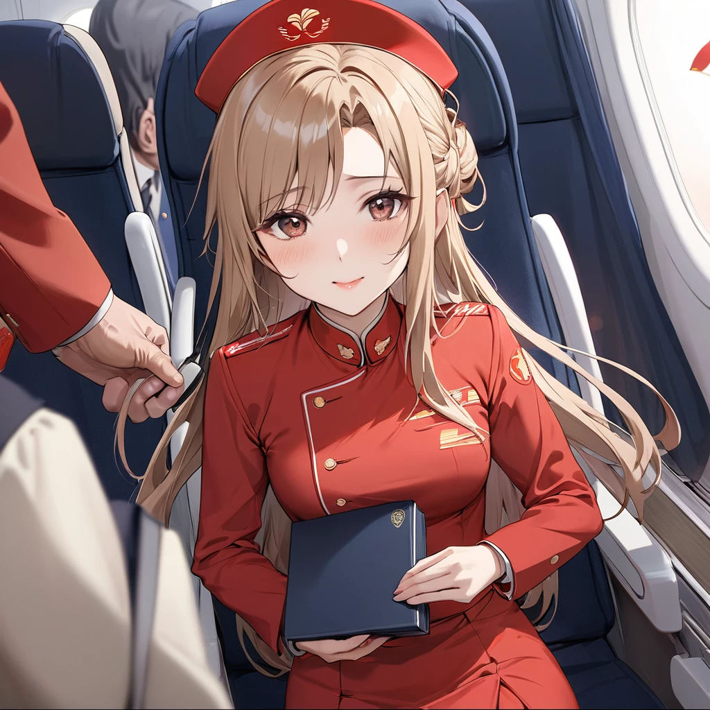 ((Highest quality)), ((masterpiece)), (detailed), (Perfect Face)、The woman is a Chinese flight attendant for Air China, named Yuuki Asuna, with light brown, medium-long hair.、The woman is wearing the red uniform of an Air China flight attendant.、The woman is a special flight attendant reserved for honorable members of the Chinese Communist Party, and is especially beautifully dressed to serve and be loved by the Communist Party members.、The woman was a first-class passenger, a dignified elderly man who was a member of the Chinese Communist Party, and was serving him with all her heart and soul.